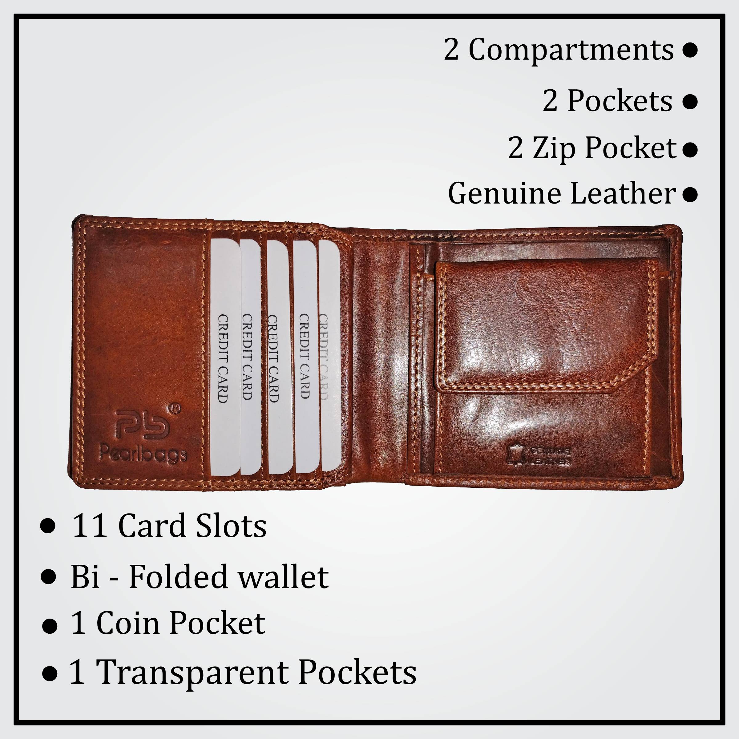 PB Pearlbags Genuine Leather Bi- Fold 11 Card Slots Wallet for Men|Color - Tan