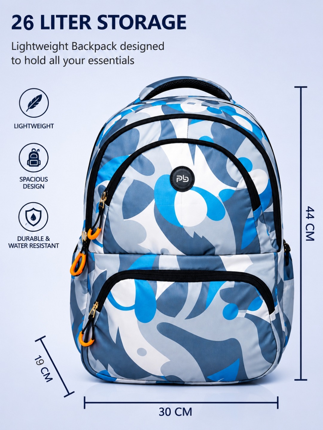 PB Pearlbags Premium Polyester 26L Water Resistant Casual Backpack With 2 Compartments, 2 Front Pocket, 1 Water Bottle Pocket For Men/Women/Girls/Boys Cms