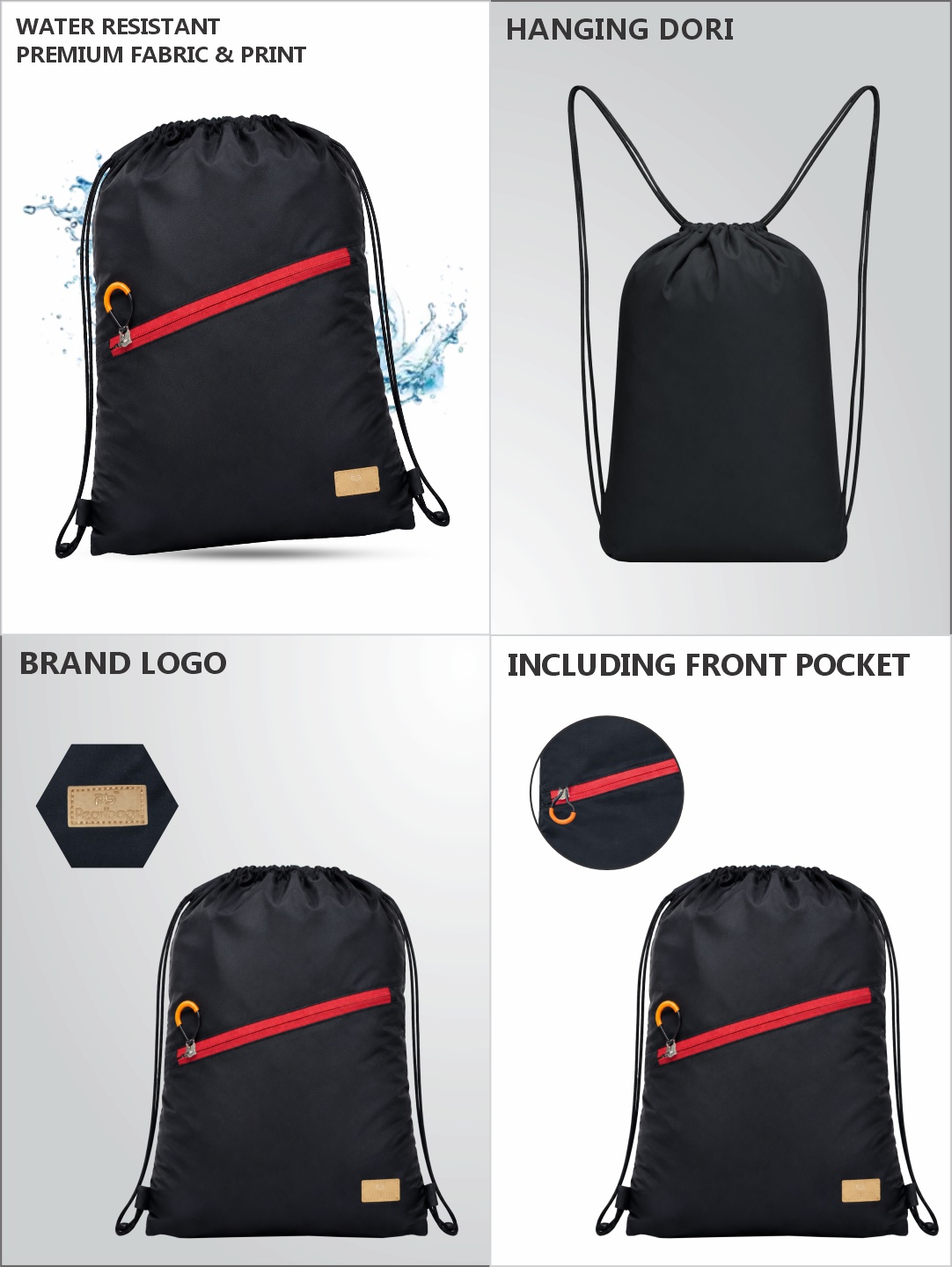 PB Pearlbags Premium Polyester Drawstring Backpack with Front Zip Pocket | Lightweight Unisex Dori Bag (45 cm x 35 cm)