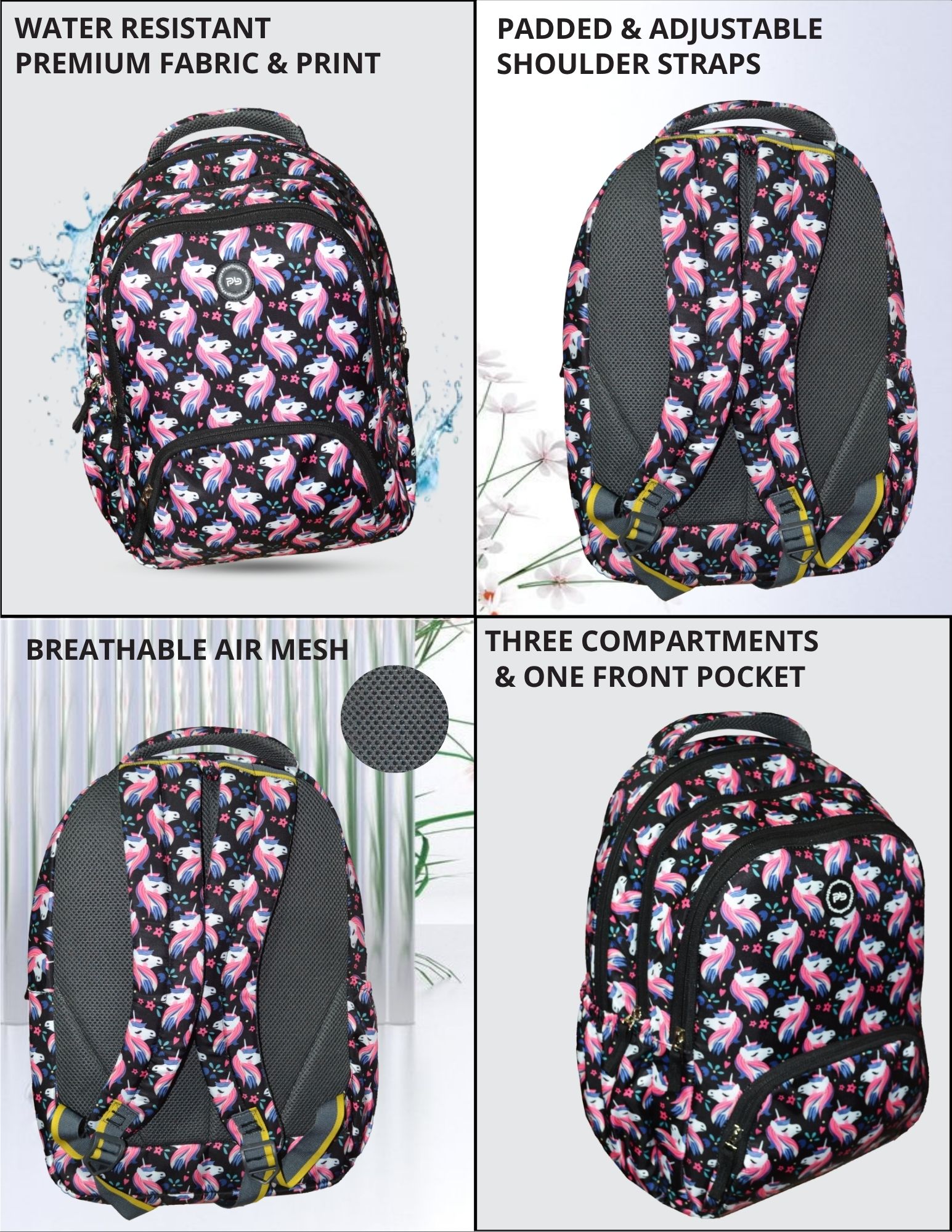 PB Pearlbags Water Resistant Polyester Backpack With 3 Compartment, 1 Front Pocket, 1 Water Bottle Pocket|Capacity 15 L
