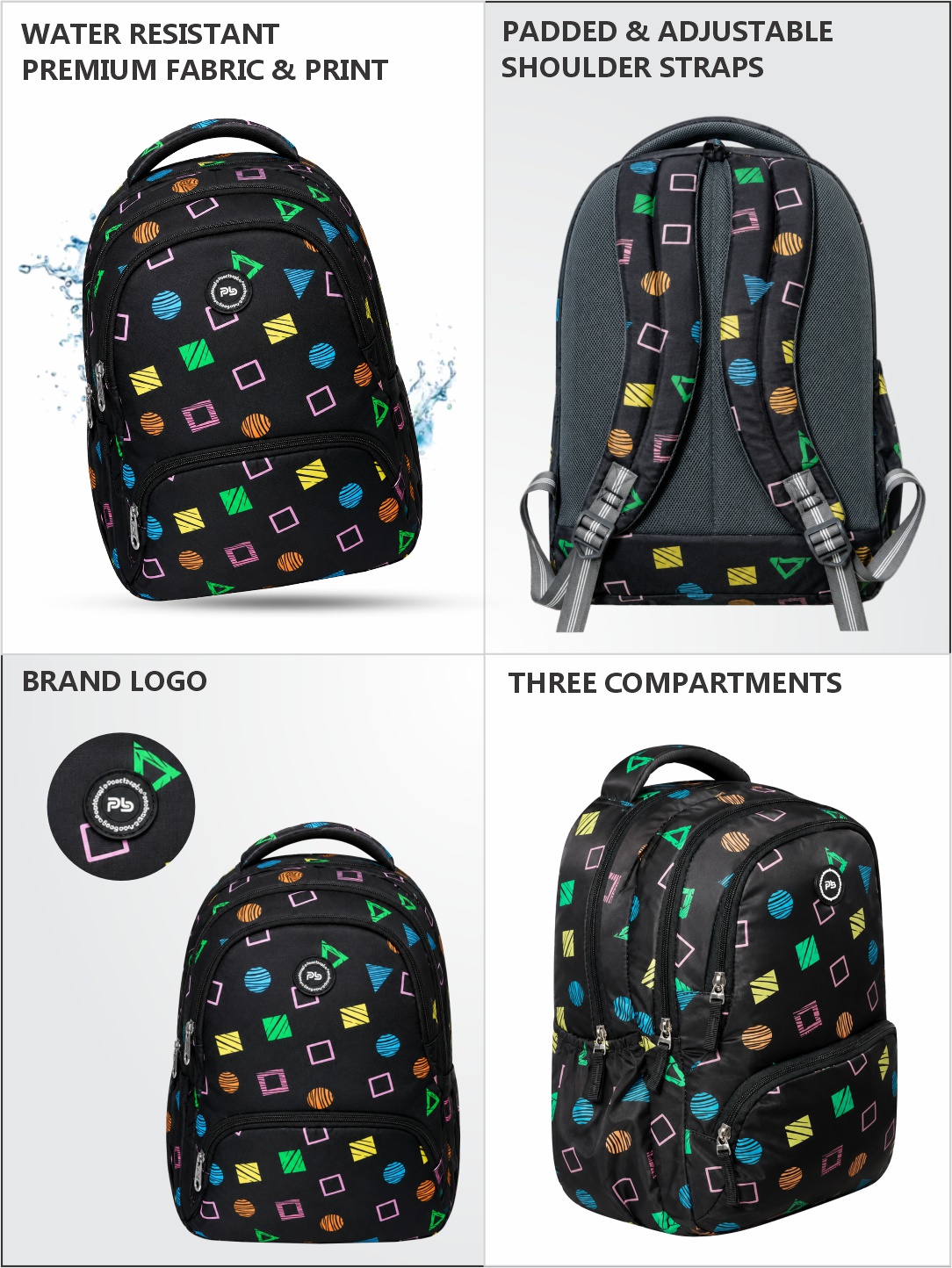 PB Pearlbags Water Resistant Polyester Backpack With 3 Compartment, 1 Front Pocket, 1 Water Bottle Pocket|Capacity 15 L