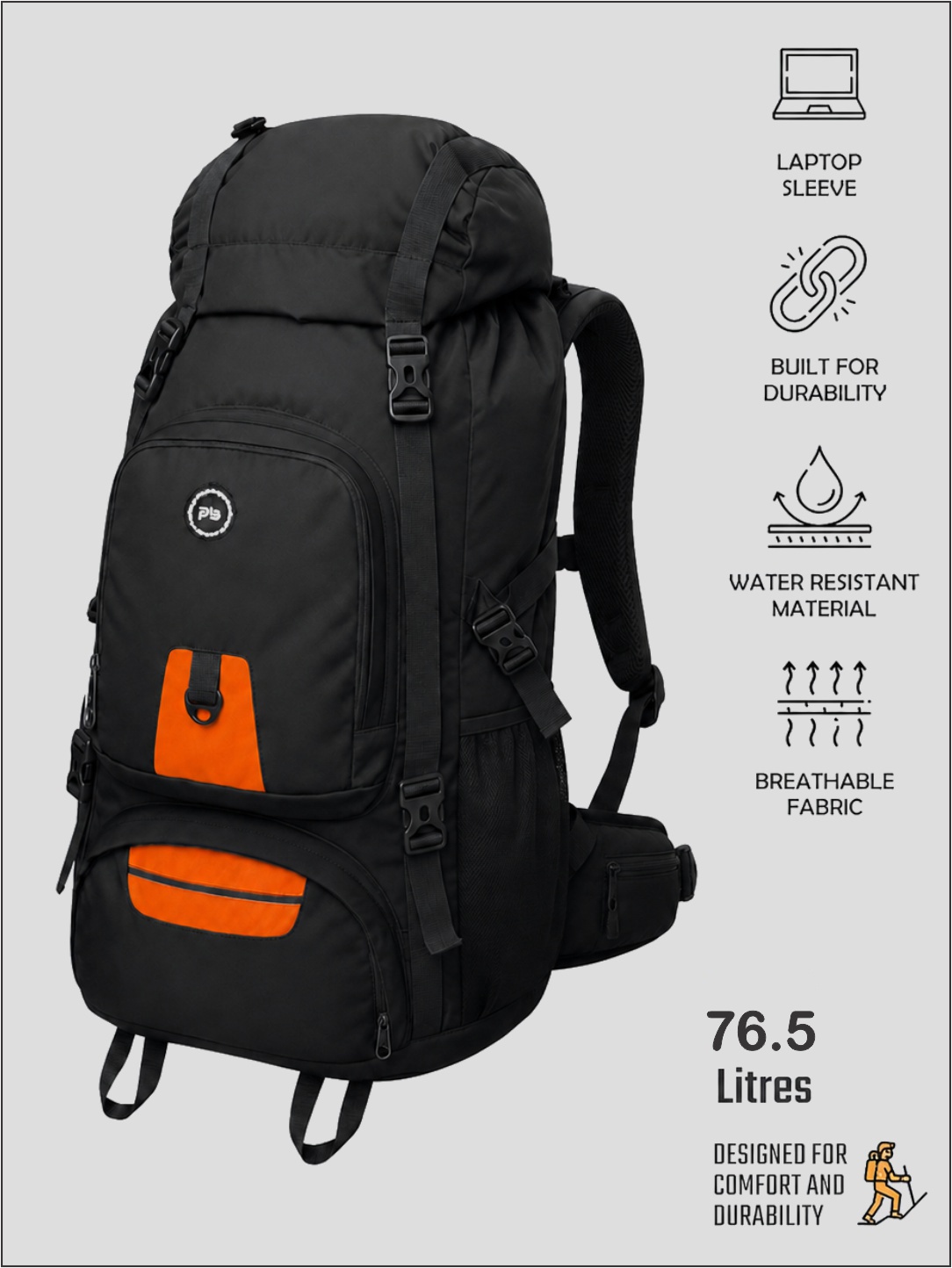 PB Pearlbags SummitPro 76.5L Waterproof Trekking Rucksack Backpack with Hip Belt, Adjustable Shoulder Straps, 5 Pockets & 2 Bottle Holders for Hiking, Camping, Travel & Outdoor Adventures
