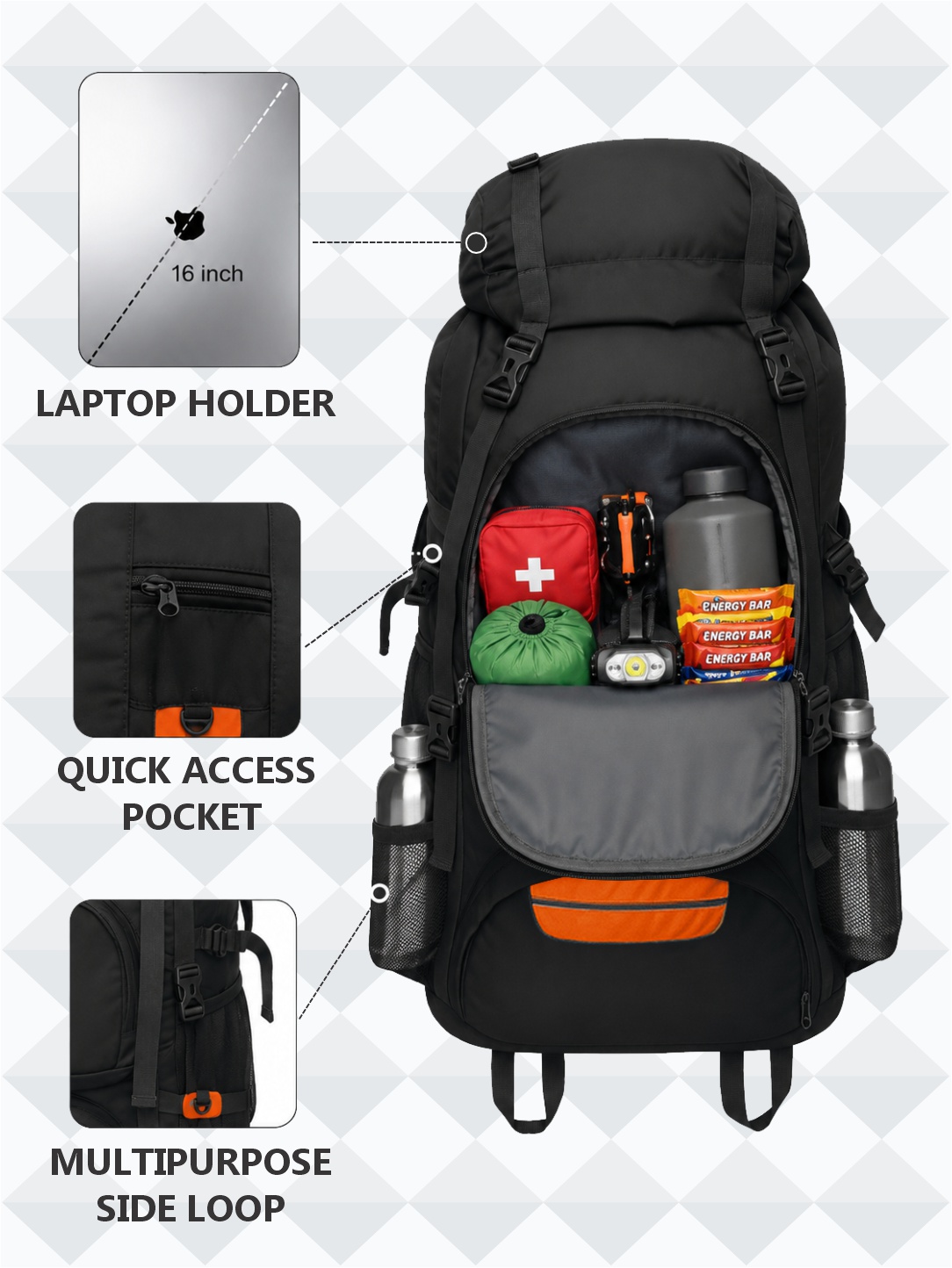 PB Pearlbags SummitPro 76.5L Waterproof Trekking Rucksack Backpack with Hip Belt, Adjustable Shoulder Straps, 5 Pockets & 2 Bottle Holders for Hiking, Camping, Travel & Outdoor Adventures