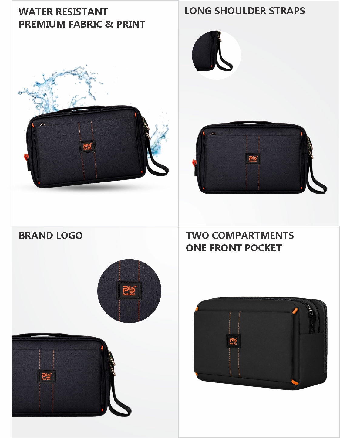 PB Pearlbags Premium Water-Resistant Polyester Sling Bag | 4.3 L Crossbody Messenger Bag with 2 Compartments & Front Pocket | Solid Casual Travel Shoulder Bag for Men & Women