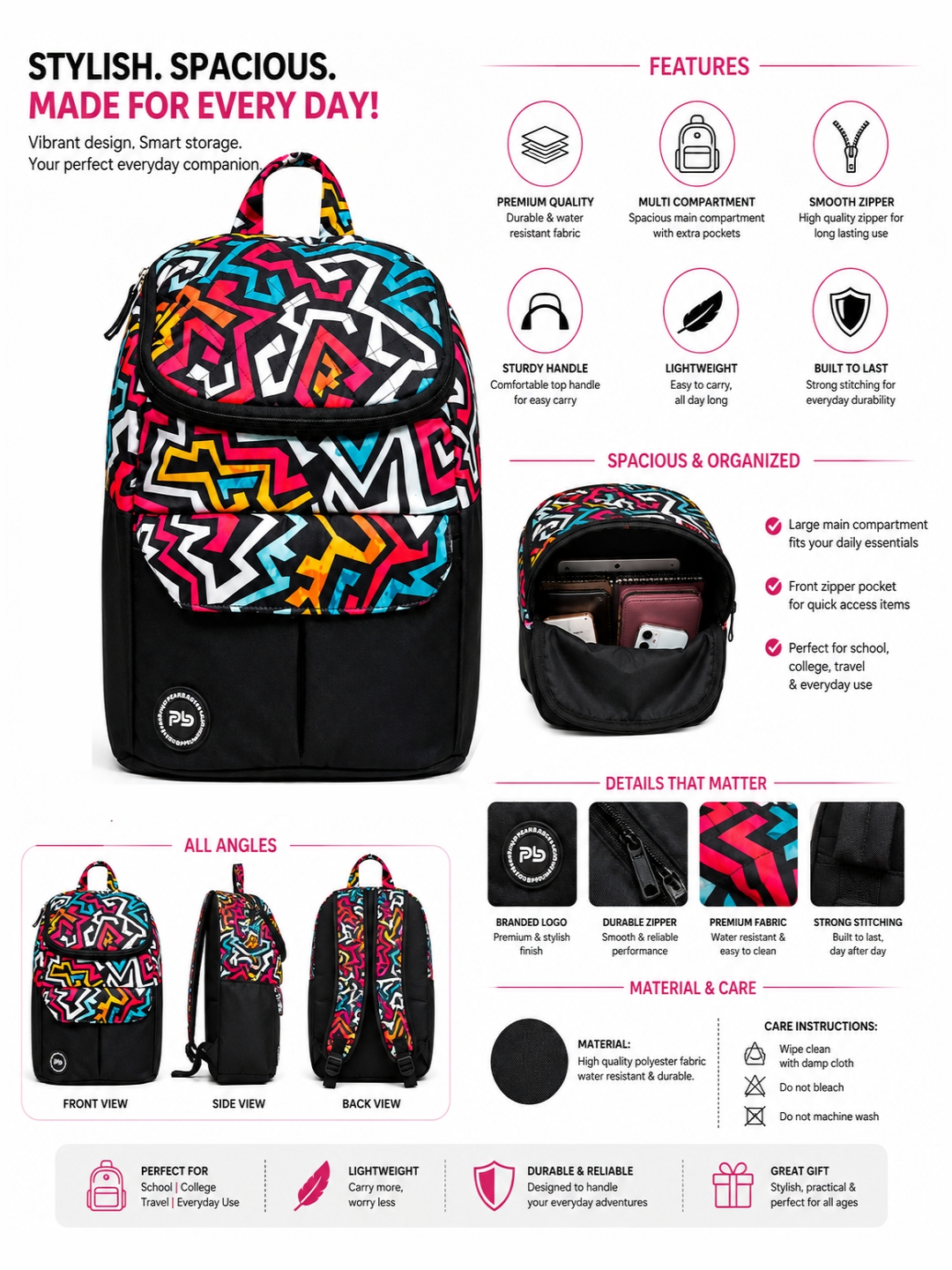 PB Pearlbags Small Backpack For Men & Women, Water-Resistant Sports Backpack, Lightweight, Durable Polyester, Double-Zip Main Compartment & Secure Front Pocket, Capacity-10 Litres