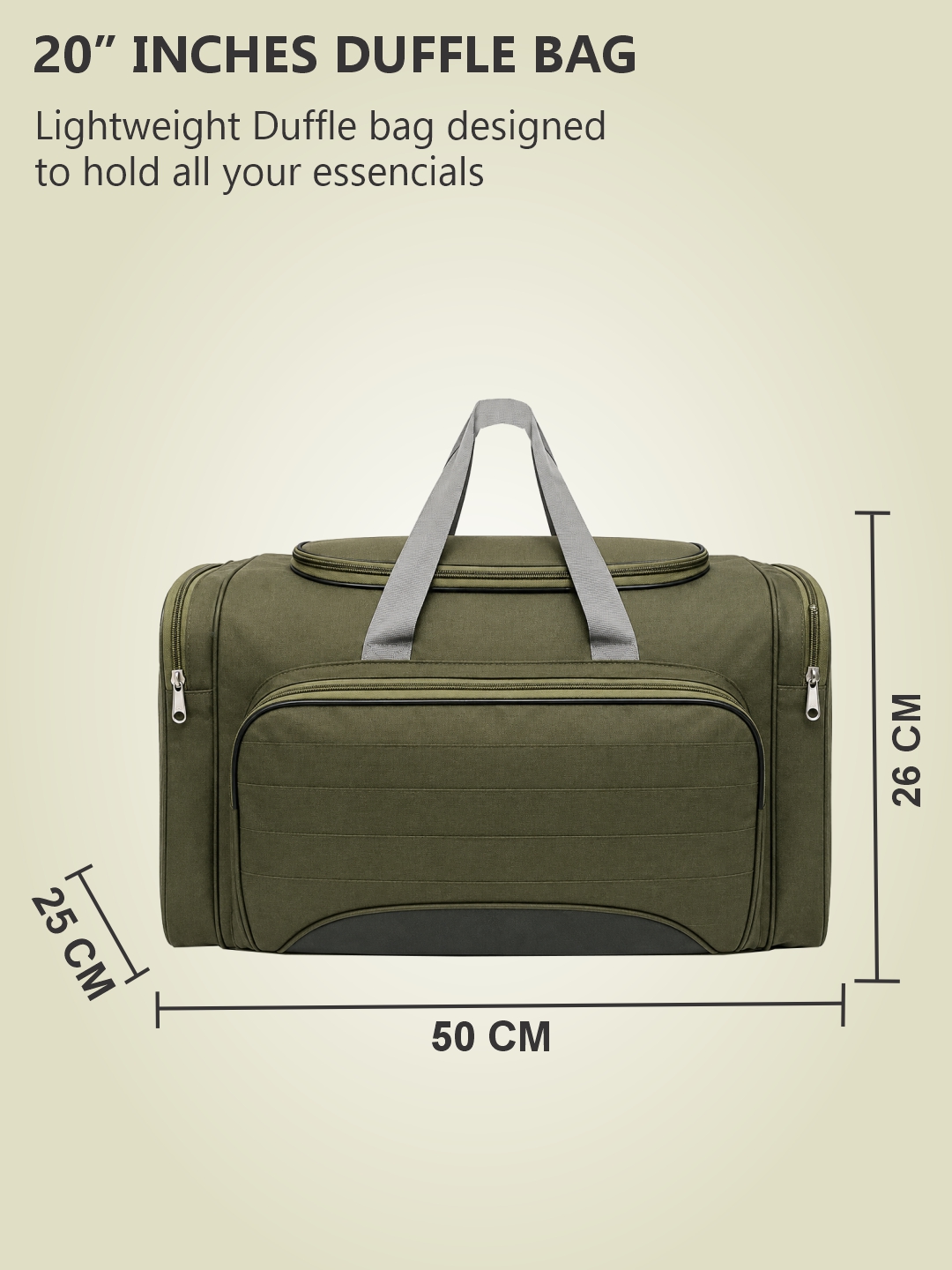 PB Pearlbags 20-Inch Olive Green Travel Duffle Bag ? 33L Water-Resistant Polyester Weekend Travel & Gym Bag