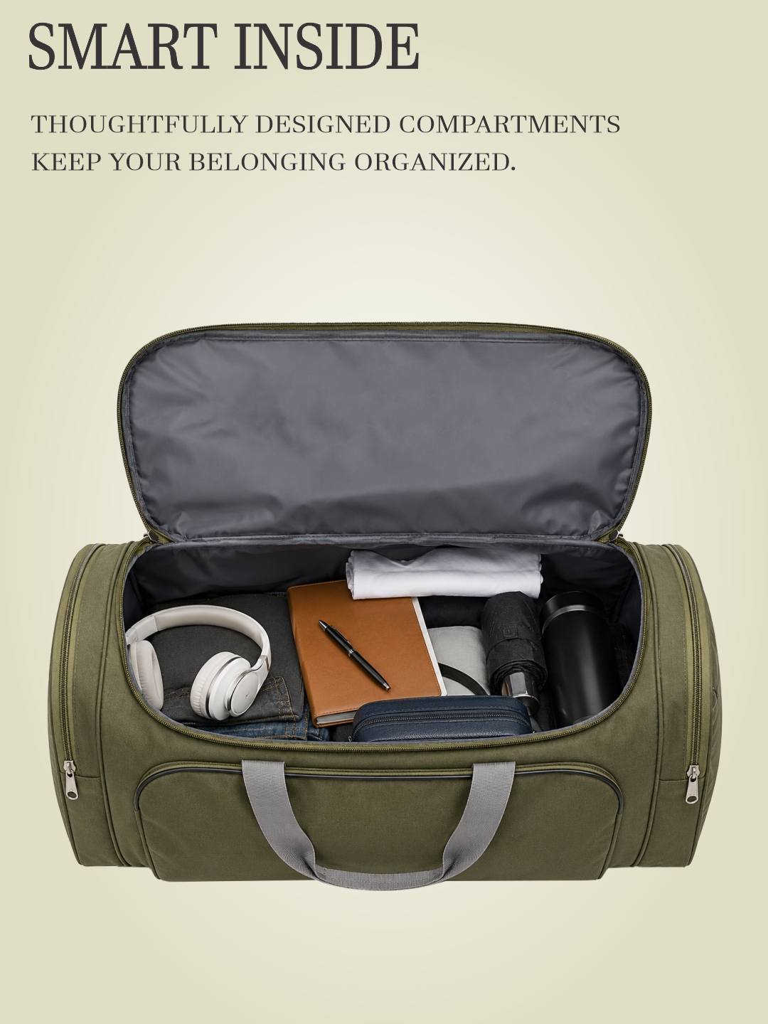 PB Pearlbags 20-Inch Olive Green Travel Duffle Bag ? 33L Water-Resistant Polyester Weekend Travel & Gym Bag