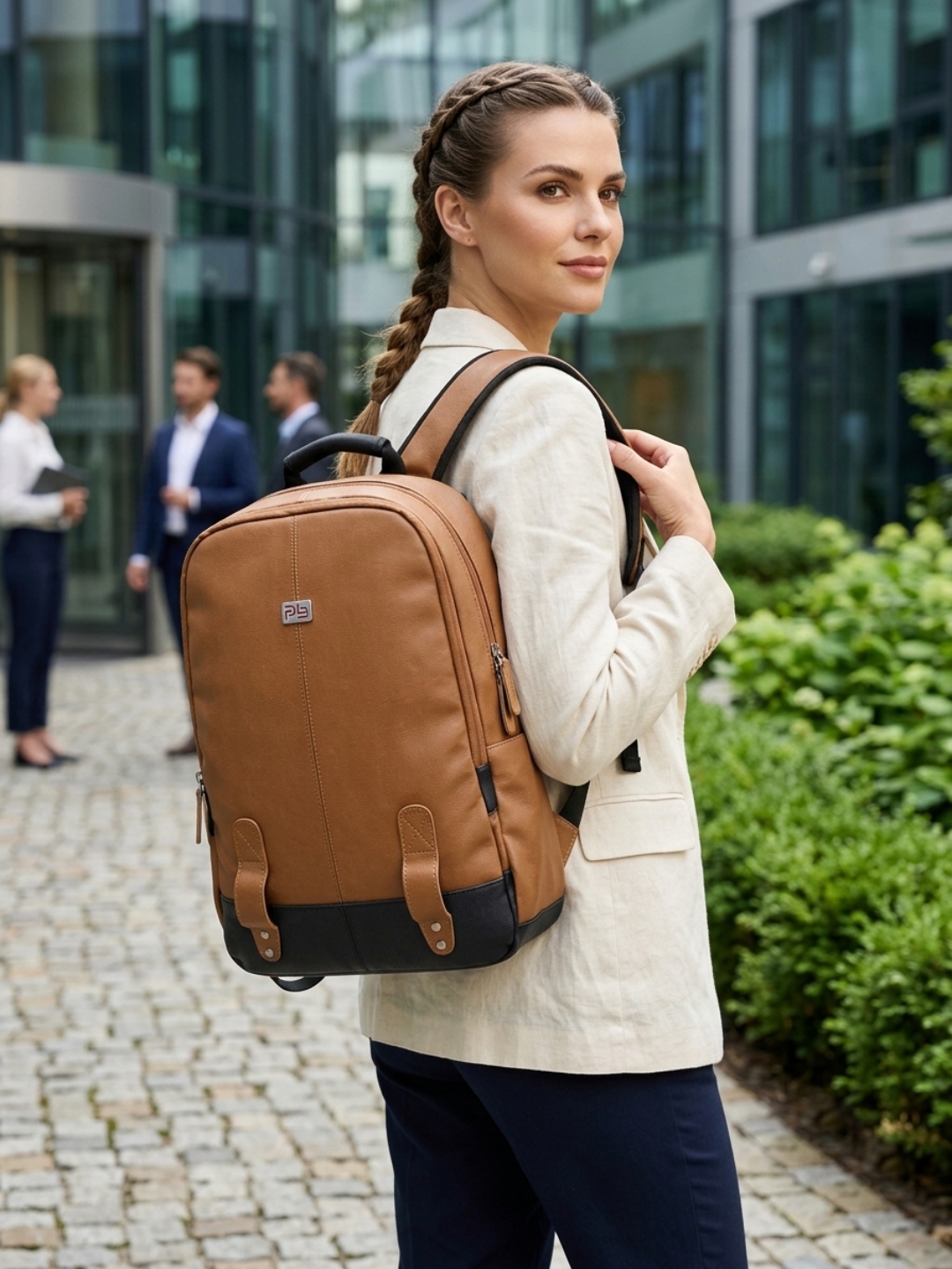 PB Pearlbags Faux Leather Laptop Backpack for Men & Women, Water-Resistant 14L Office and Travel Bag with Padded Laptop Sleeve, 2 Compartments & Bottle Pocket