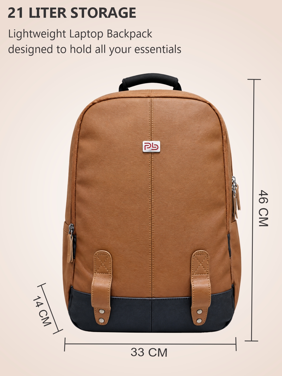 PB Pearlbags Faux Leather Laptop Backpack for Men & Women, Water-Resistant 14L Office and Travel Bag with Padded Laptop Sleeve, 2 Compartments & Bottle Pocket