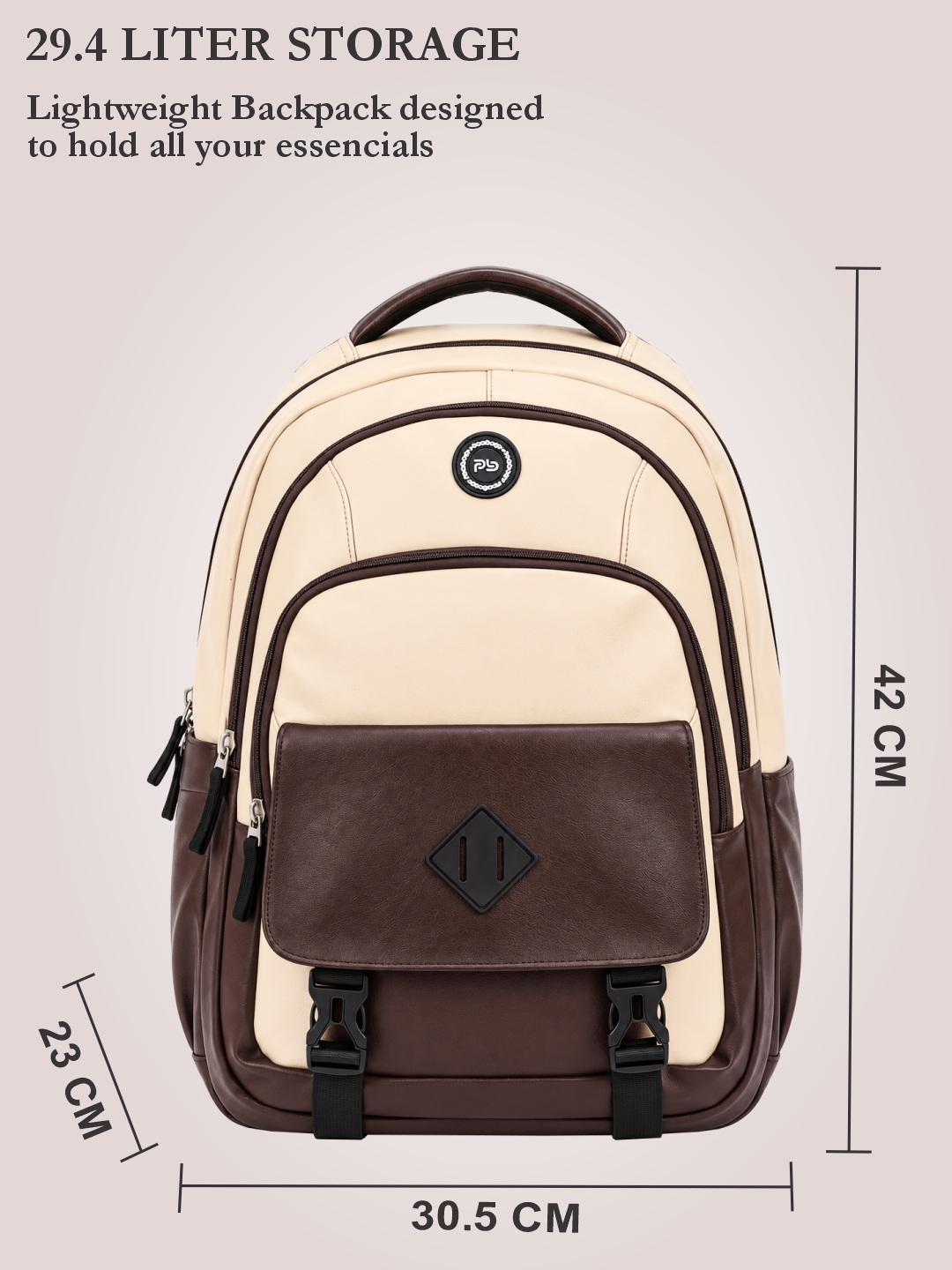 PB Pearlbags Faux Leather Laptop Backpack for Men & Women, 29.4L Water-Resistant Office & Travel Bag with Padded Laptop Sleeve, 2 Compartments & Multiple Pockets