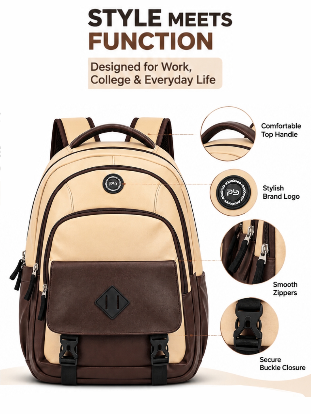 PB Pearlbags Faux Leather Laptop Backpack for Men & Women, 29.4L Water-Resistant Office & Travel Bag with Padded Laptop Sleeve, 2 Compartments & Multiple Pockets