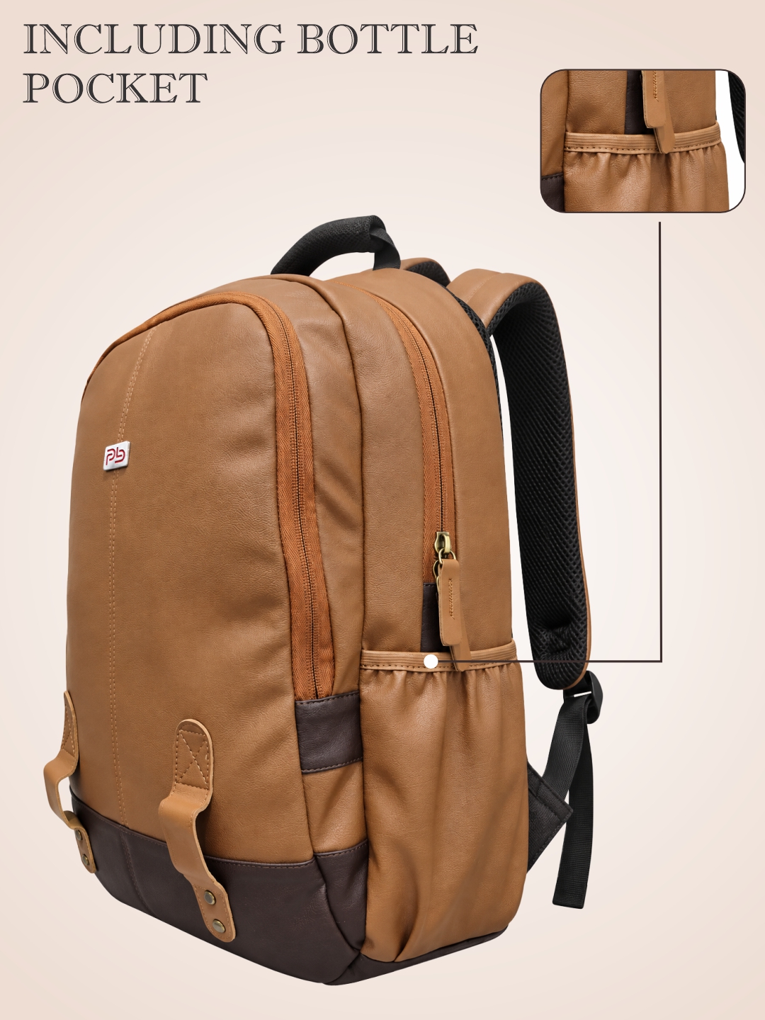 PB Pearlbags Faux Leather Laptop Backpack for Men & Women, Water-Resistant 14L Office and Travel Bag with Padded Laptop Sleeve, 2 Compartments & Bottle Pocket