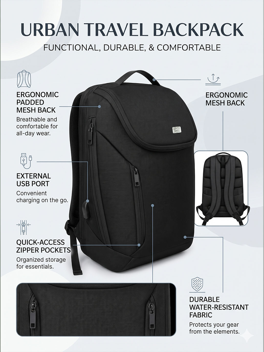 PB Pearlbags 22L Water-Resistant Urban Travel Laptop Backpack for Men & Women, 15.6-Inch Laptop Sleeve, USB Charging Port, 180° Flat-Opening Design, Black