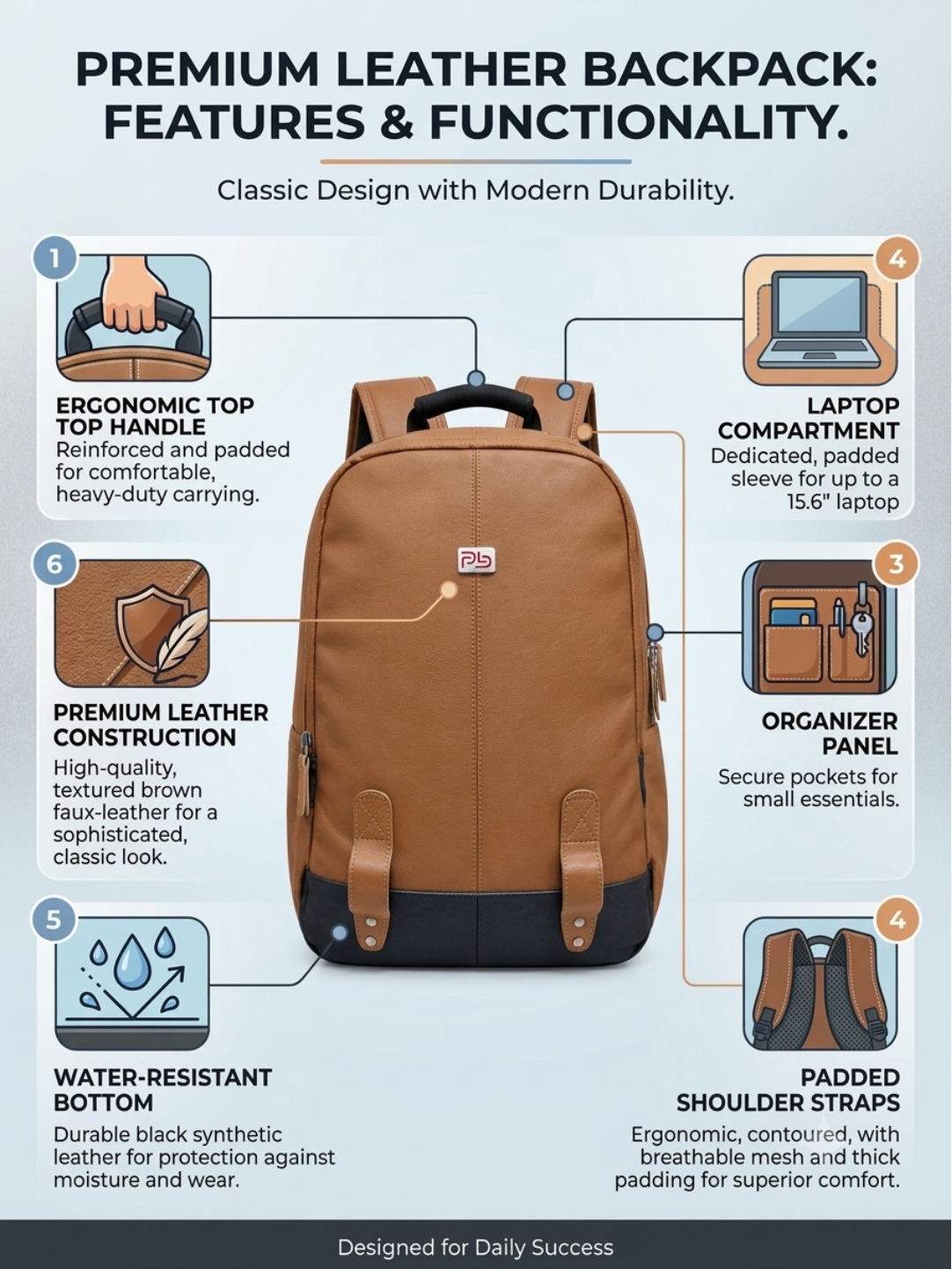 PB Pearlbags Faux Leather Laptop Backpack for Men & Women, Water-Resistant 14L Office and Travel Bag with Padded Laptop Sleeve, 2 Compartments & Bottle Pocket