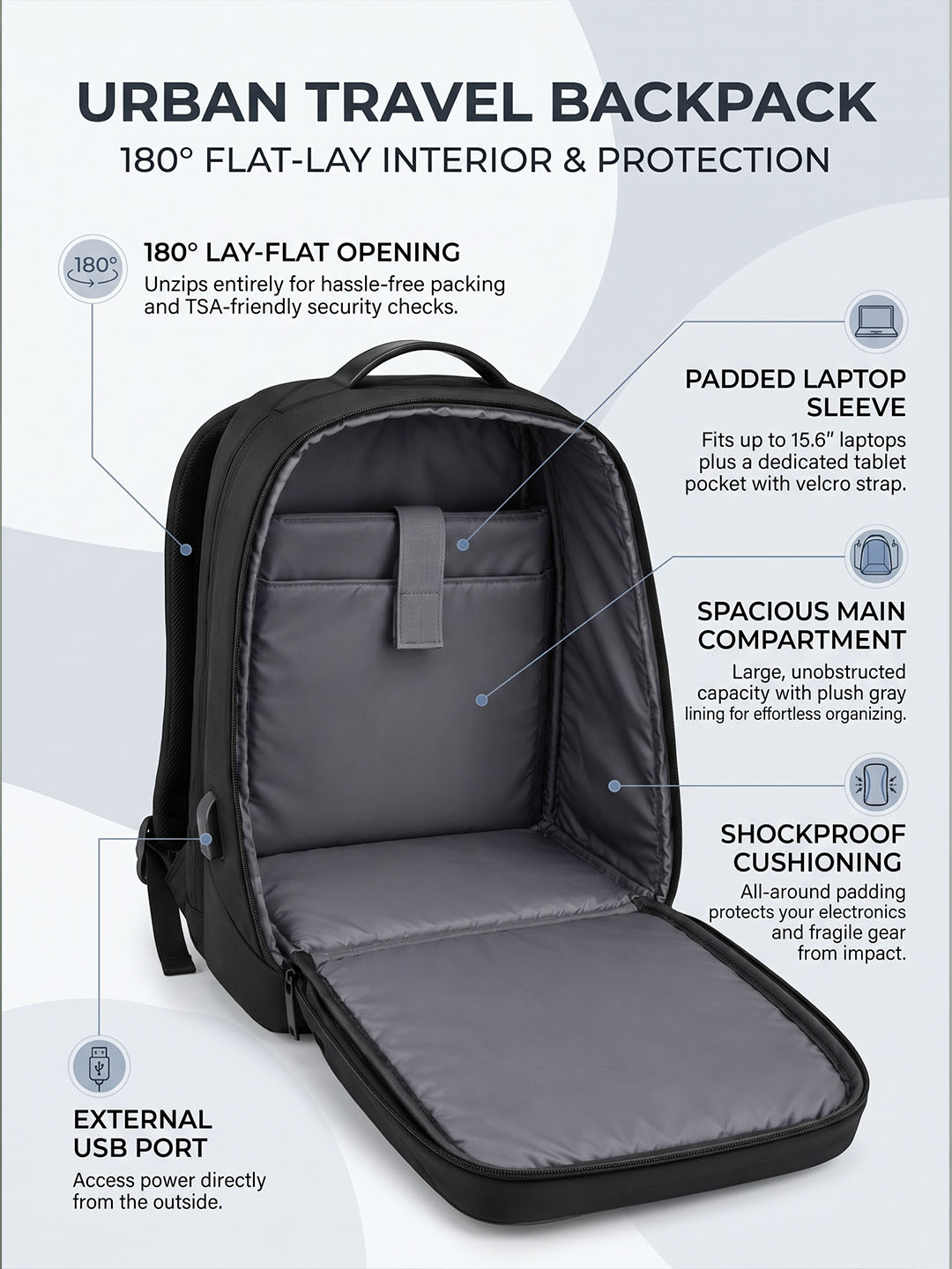 PB Pearlbags 22L Water-Resistant Urban Travel Laptop Backpack for Men & Women, 15.6-Inch Laptop Sleeve, USB Charging Port, 180° Flat-Opening Design, Black