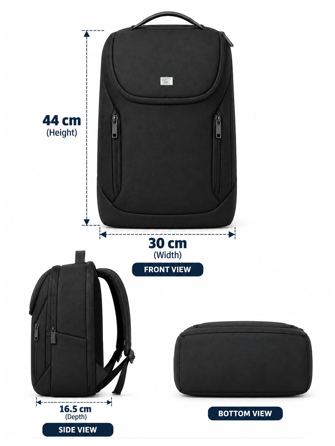 PB Pearlbags 22L Water-Resistant Urban Travel Laptop Backpack for Men & Women, 15.6-Inch Laptop Sleeve, USB Charging Port, 180° Flat-Opening Design, Black